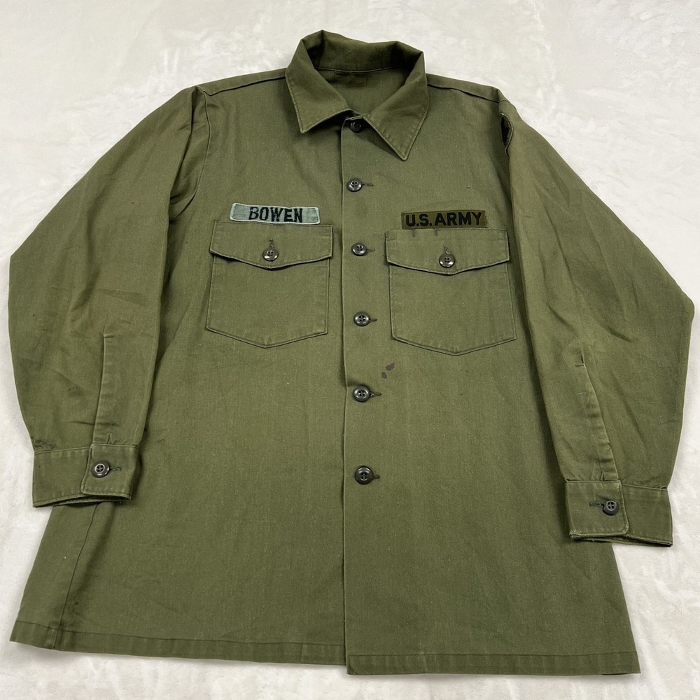 Vintage US Army OG-107 Utility Shirt Mens Large Olive Drab Bowen Patch Jacket